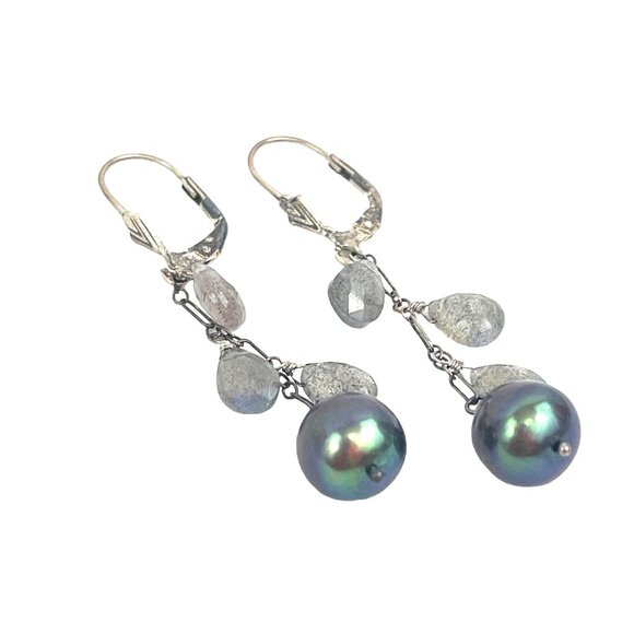 Sterling Silver Drop Earrings With Olive Grey Black Pearls and Labradorite Stone - Picture 3 of 9